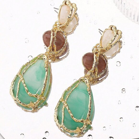 Women's Boho Statement Resin Stone Long Dangle Earrings - Picture 2 of 4